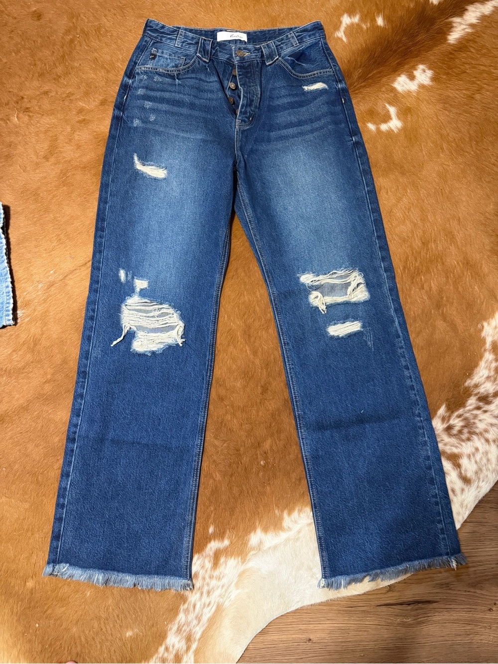 KanCan Dark Blue High-Rise Wide Leg Jeans with Distressed Detail